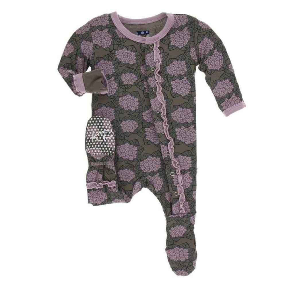 Kickee Pants Print Bamboo Muffin Ruffle Footie with Snaps - African Violets.